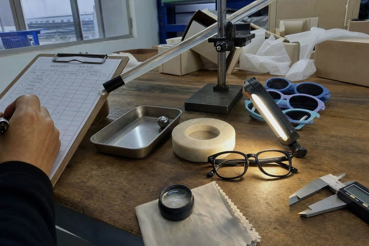 DIY Lens Impact Testing Steel ball drop test setup with padded support to check lens impact resistance (ID#2)