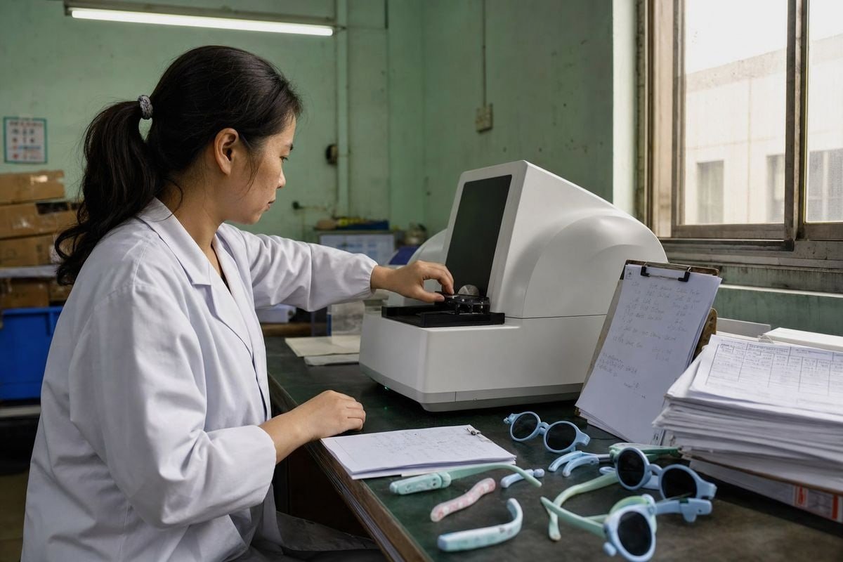 Spectrophotometer testing UV400 lenses to verify 99-100% UVA and UVB blocking (ID#2)