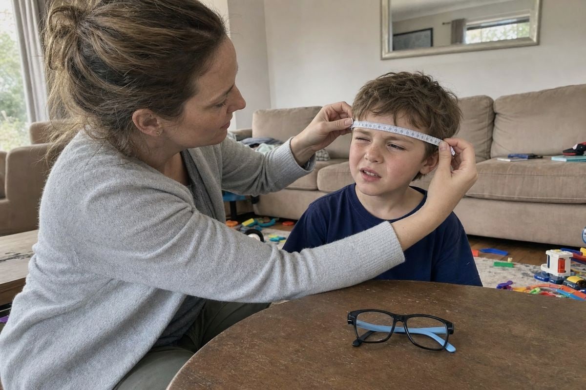 Measuring Kids Eyewear Fit Measuring a child's face width, nose bridge, and temple length for eyewear fit (ID#2)