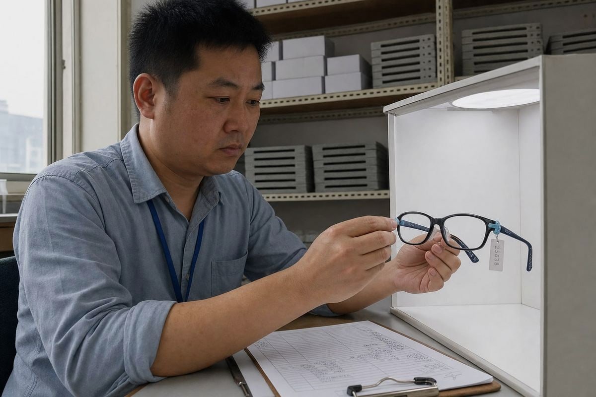 Golden sample and spec sheet comparison for verifying kids' optical frame production units (ID#2)