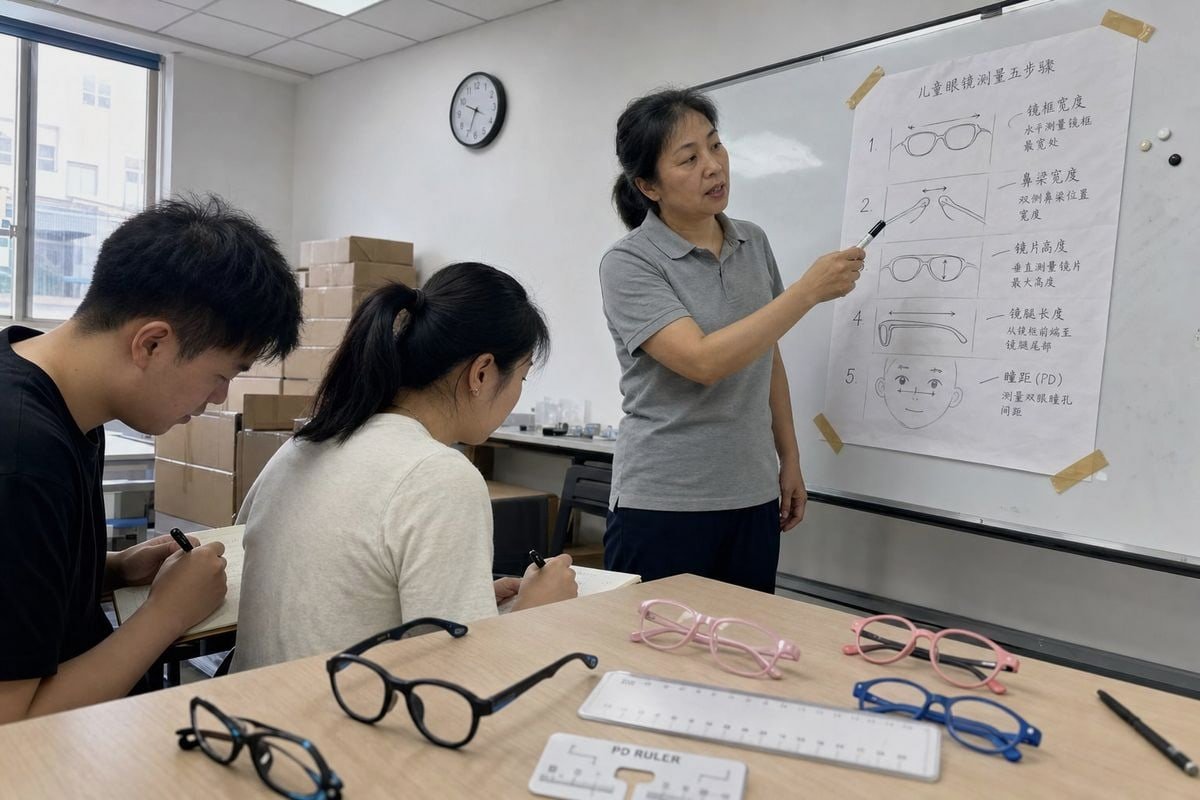Staff training session on measuring kids' optical frames for accurate sizing (ID#1)