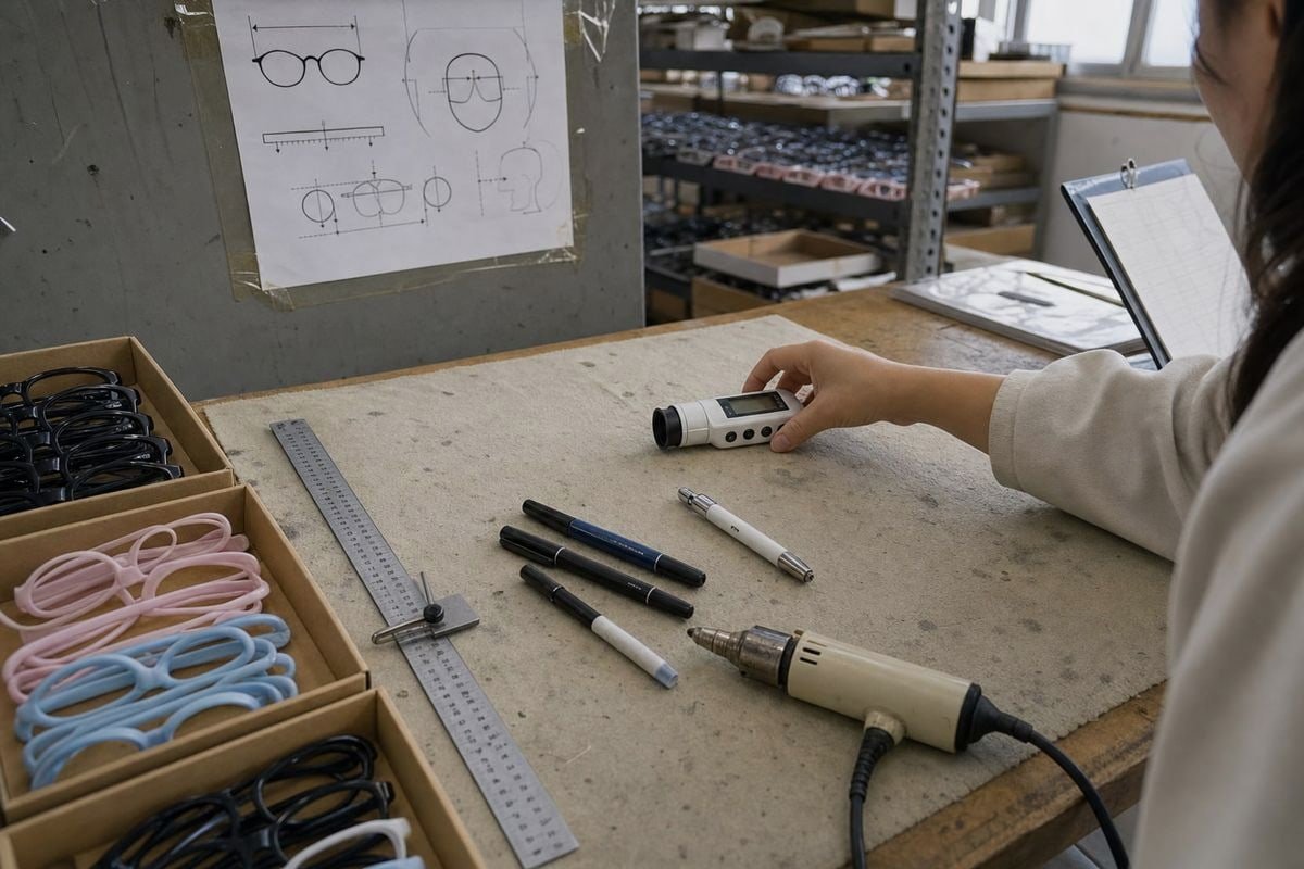 Essential tools including PD ruler, pupilometer, and penlight for children's frame sizing (ID#3)