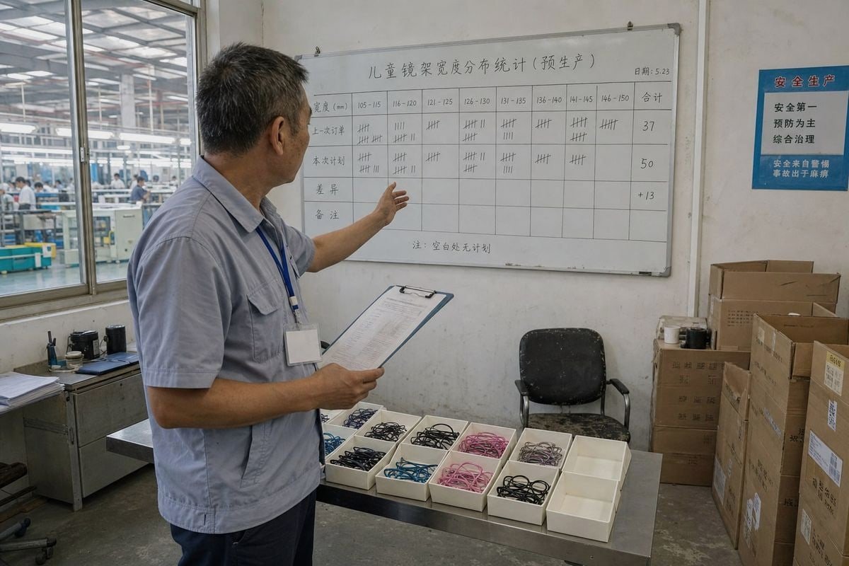 Pre-production size distribution report showing SKU counts and PD-to-frame alignment sheet (ID#3)