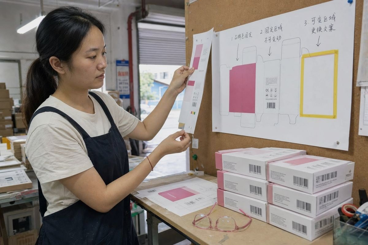 Modular packaging structure with fixed brand, regulatory zone, and variable language panel design (ID#3)