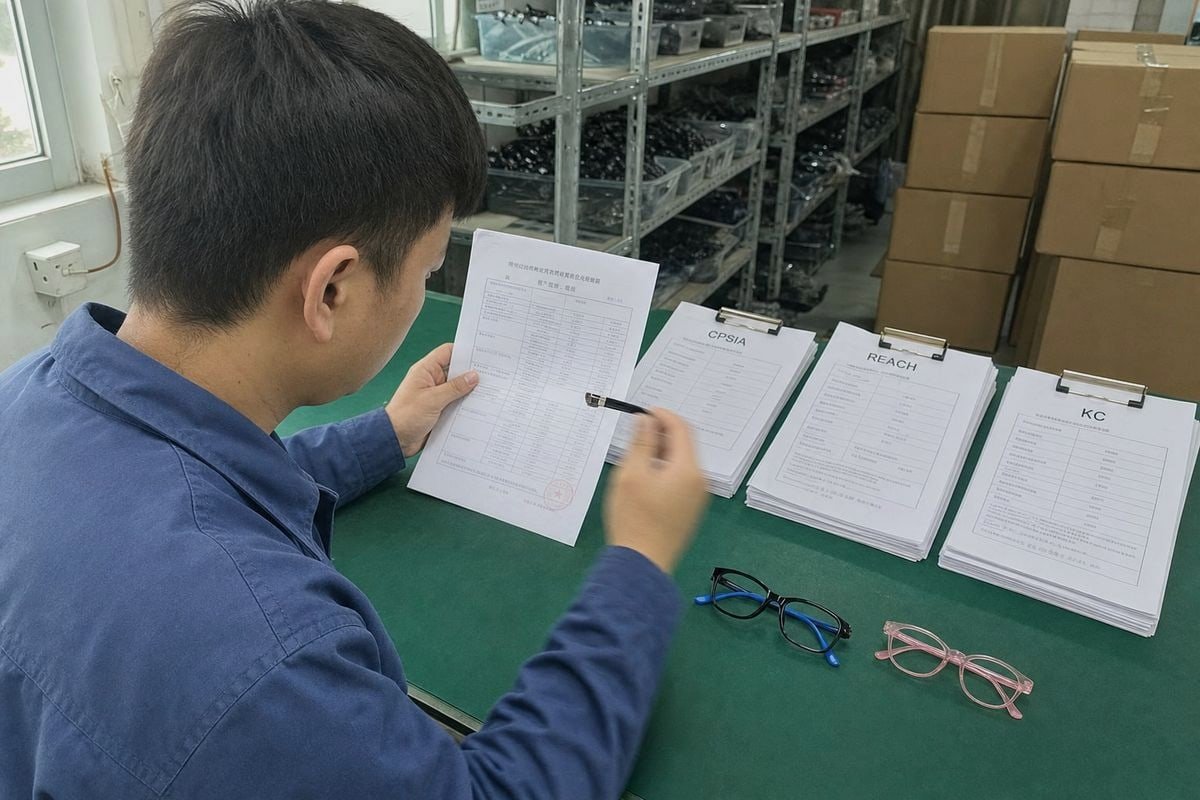 Required compliance documents for kids optical frames across US, EU/UK, and Korea markets (ID#2)