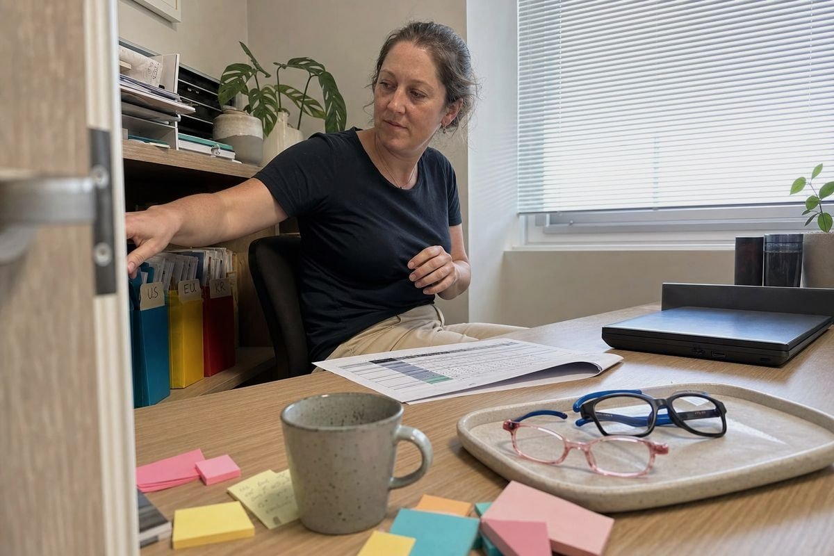 Organizing compliance paperwork with a master matrix for multi-country optical frame sales (ID#3)