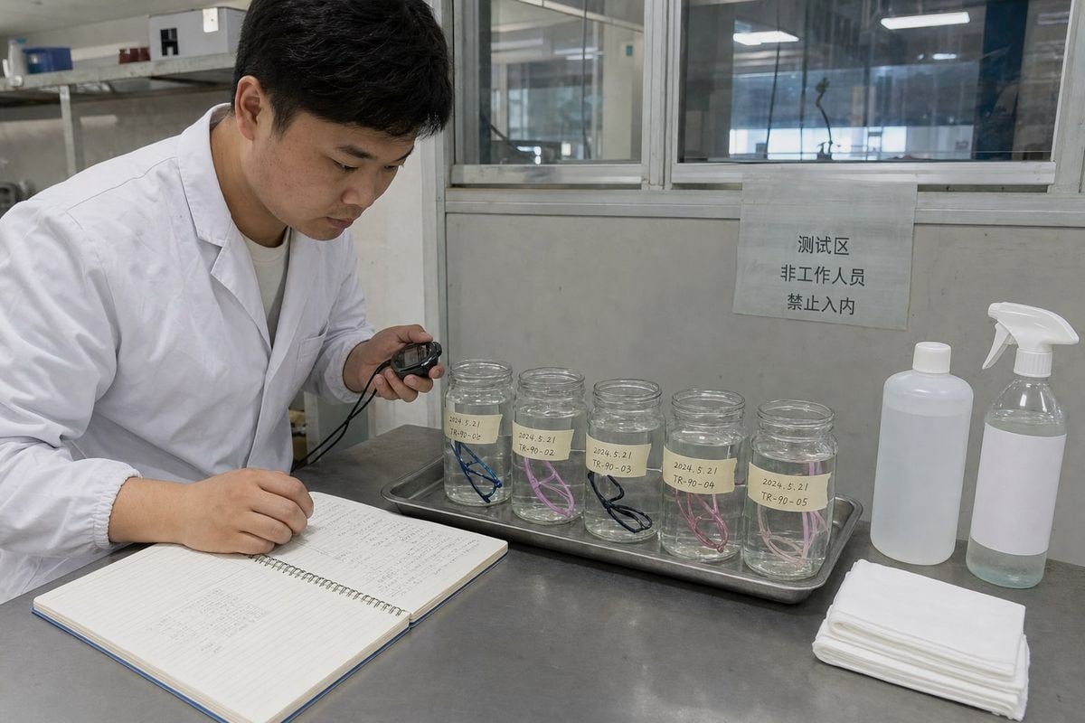 Verifying Disinfectant Resistance Sample testing process verifying frame resistance to alcohol and disinfectant wipes before mass production (ID#3)
