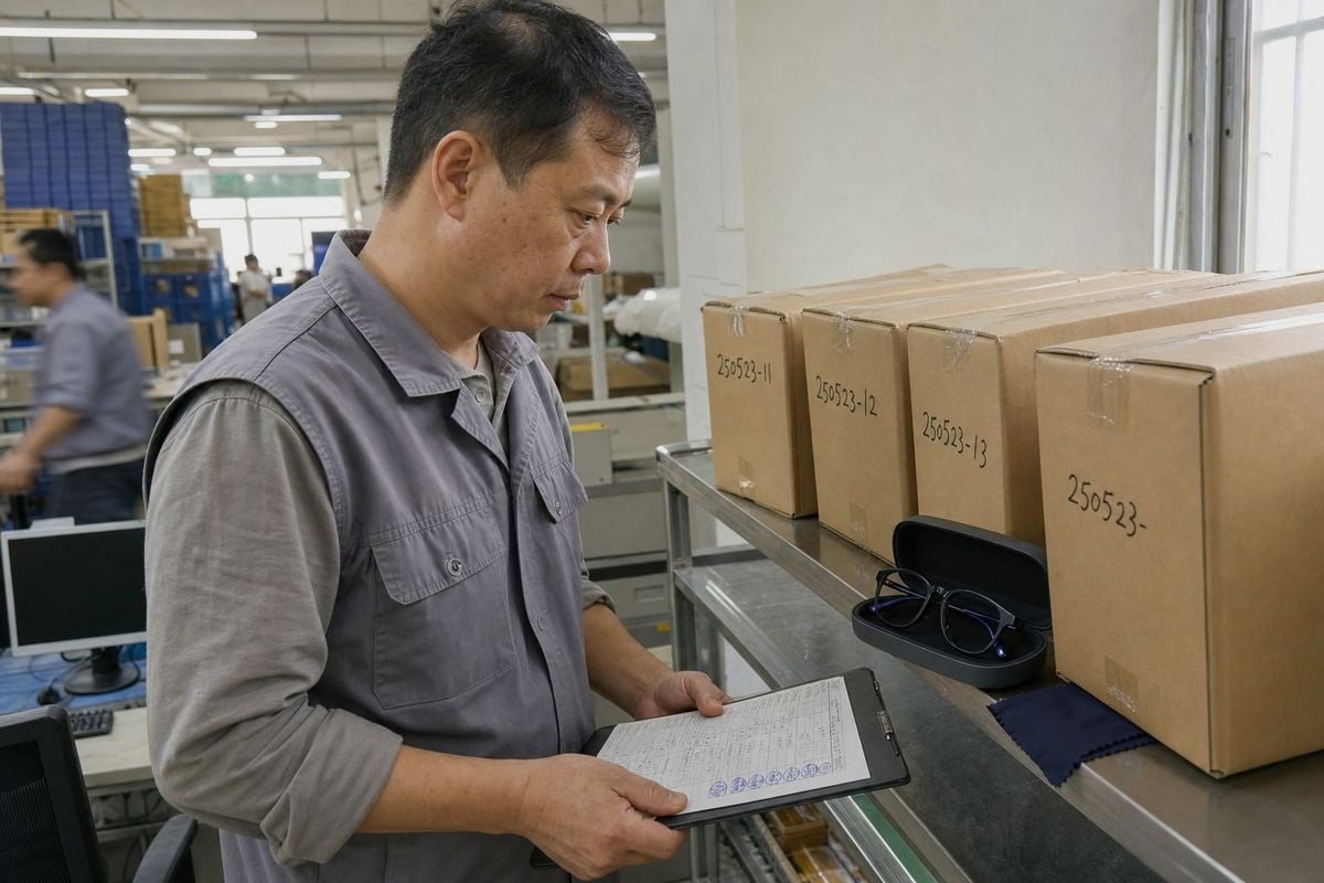 Eyewear factory adding branded accessories and inserts into optical frame packages (ID#4)