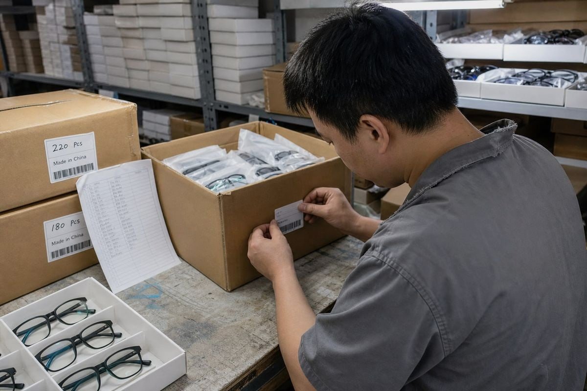 SKU, model number, and batch tracking labels required by distributors on kids' eyewear packaging (ID#2)