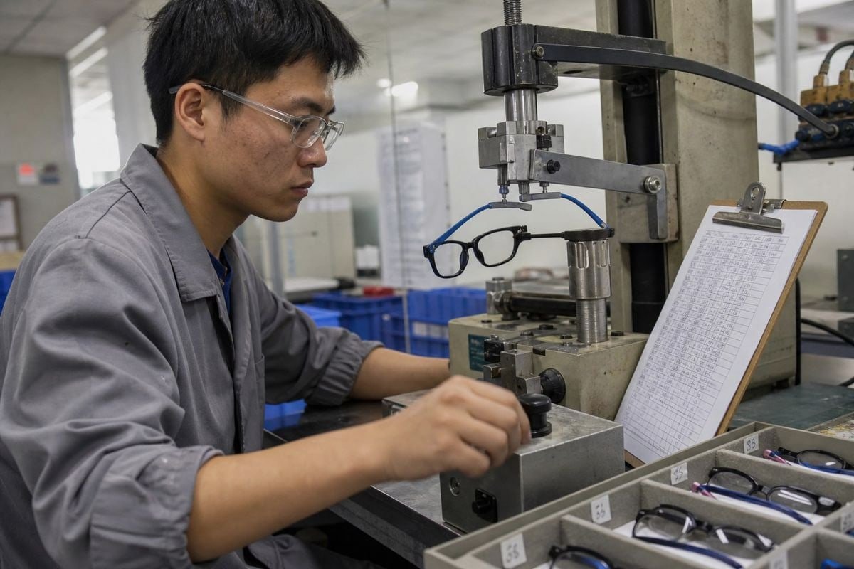 Required Lab Tests Lab technician verifying AS/NZS ISO 12870 required tests for kids optical frames (ID#3)