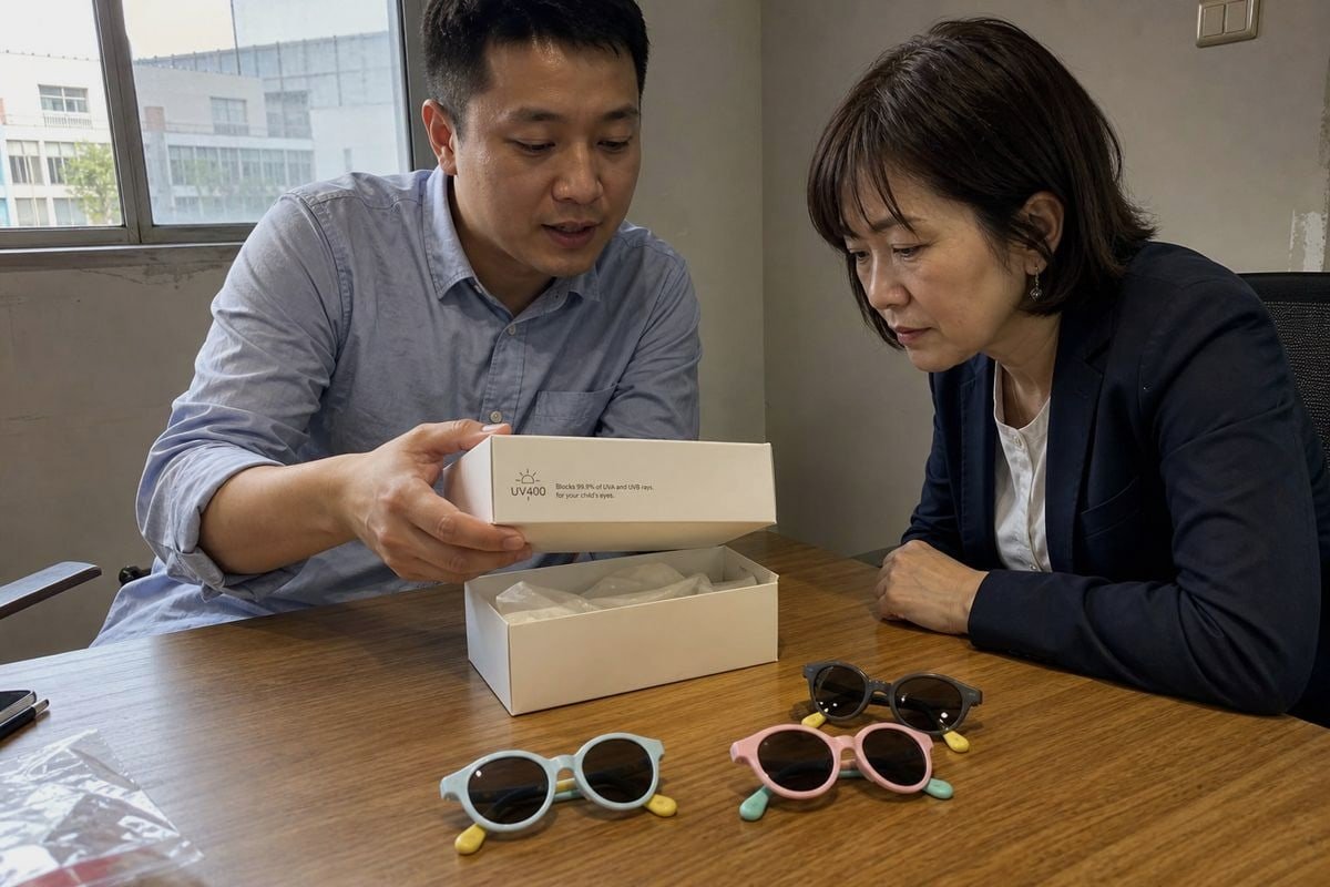 UV400 protection and polarized lens options highlighted on children's eyewear labels (ID#3)