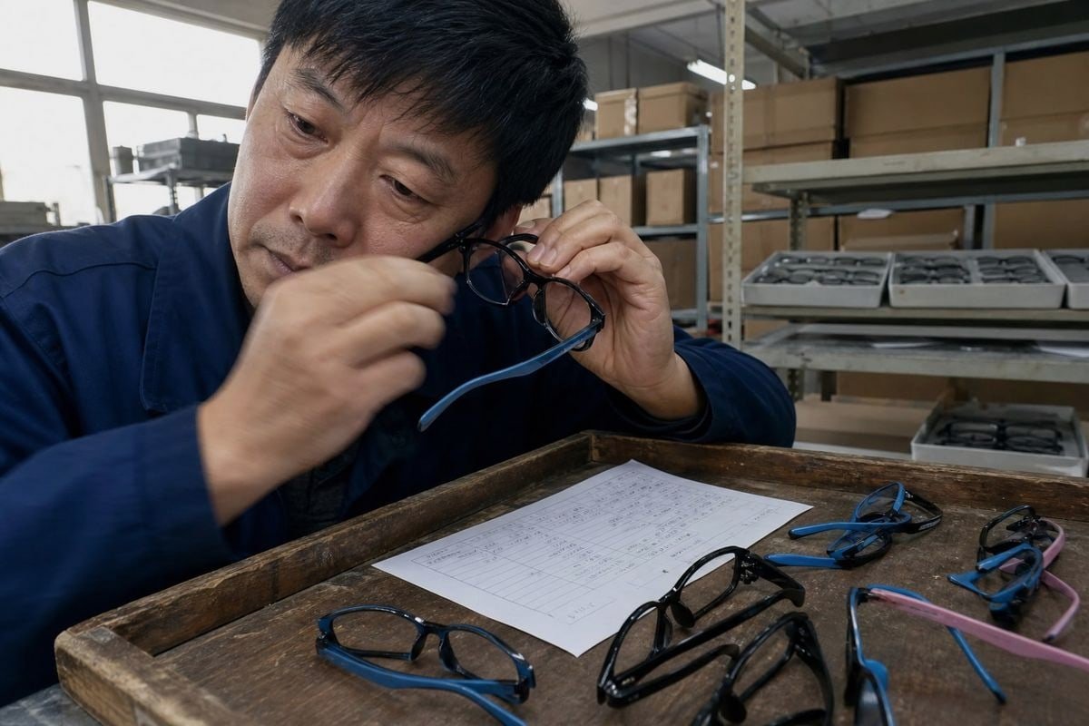 Quality control inspector performing lens push-out and hinge torque tests on eyewear batch (ID#4)