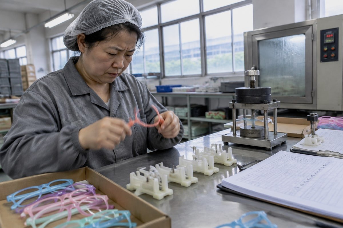 Frame flexibility testing process for TR90 and TPEE kids sunglasses quality assurance (ID#1)