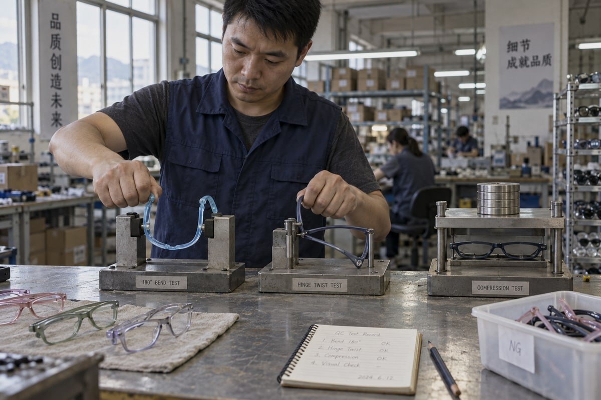 Technician performing 180-degree memory flex and torsion tests on TR90 TPEE sunglass frames (ID#2)