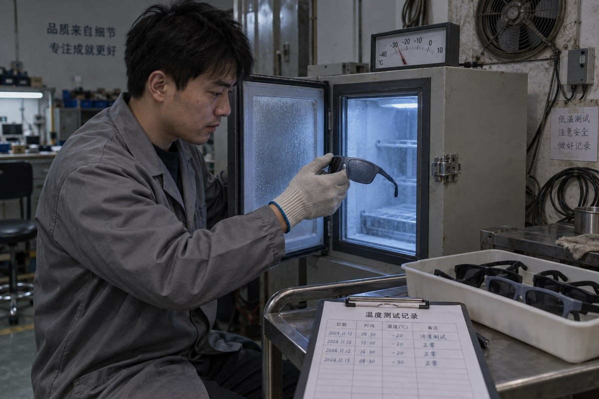 Third-party lab certification reports and sample frames from a trusted eyewear manufacturing partner (ID#5)