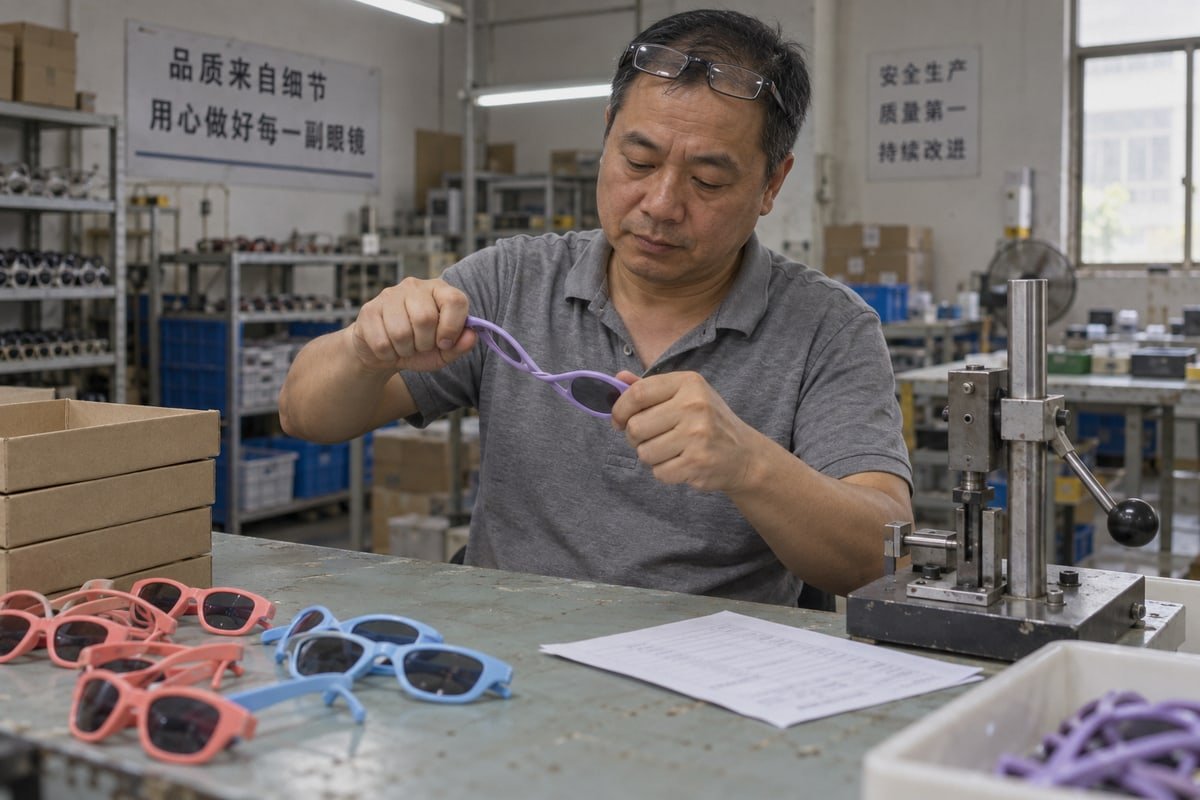 Sample Testing Process Testing kids sunglasses frame weight and comfort before bulk supplier order (ID#5)