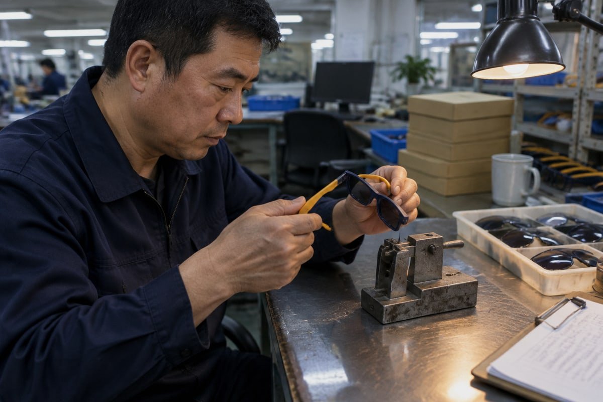 Quality checks like UV400 testing and hinge inspection prevent defective TR90 sunglasses (ID#3)