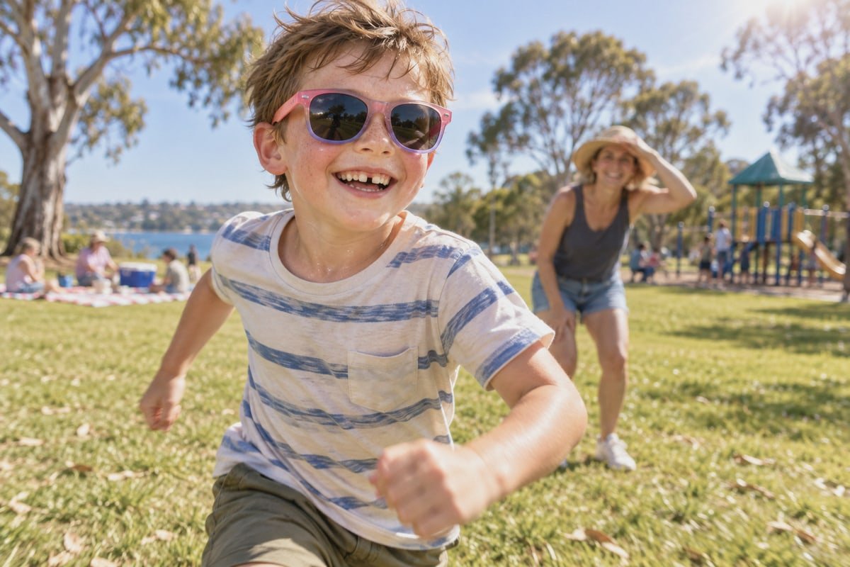 Adjustable nose pads improving fit across different children's face shapes and bridges (ID#4)