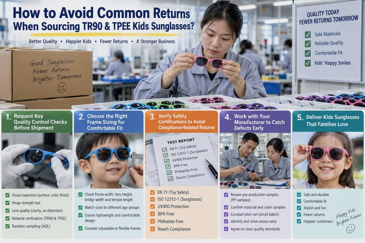 Pre-shipment quality control checks including flex tests and UV400 verification for kids sunglasses (ID#2)