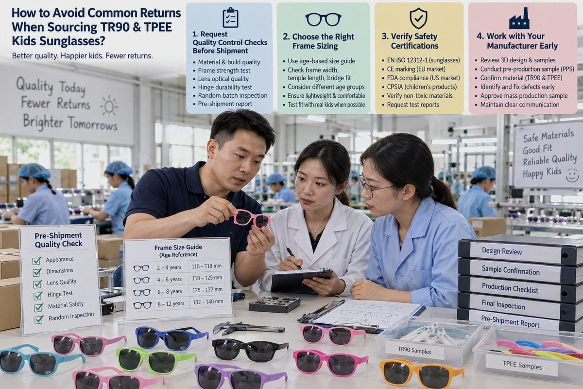 Safety certifications like UV400, ANSI Z80.3, and CPSIA needed for compliant kids sunglasses (ID#4)
