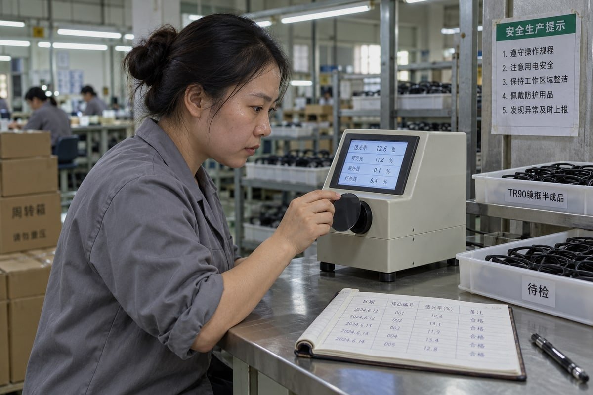 Supplier explaining UV400 lens specs and testing for kids eyewear (ID#2)