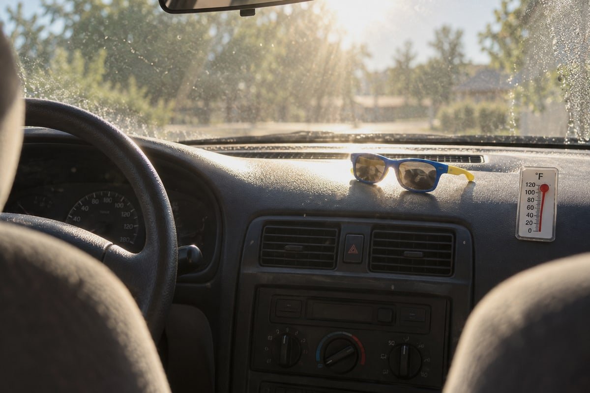 TPEE kids sunglasses in a hot car showing heat resistance limits (ID#1)