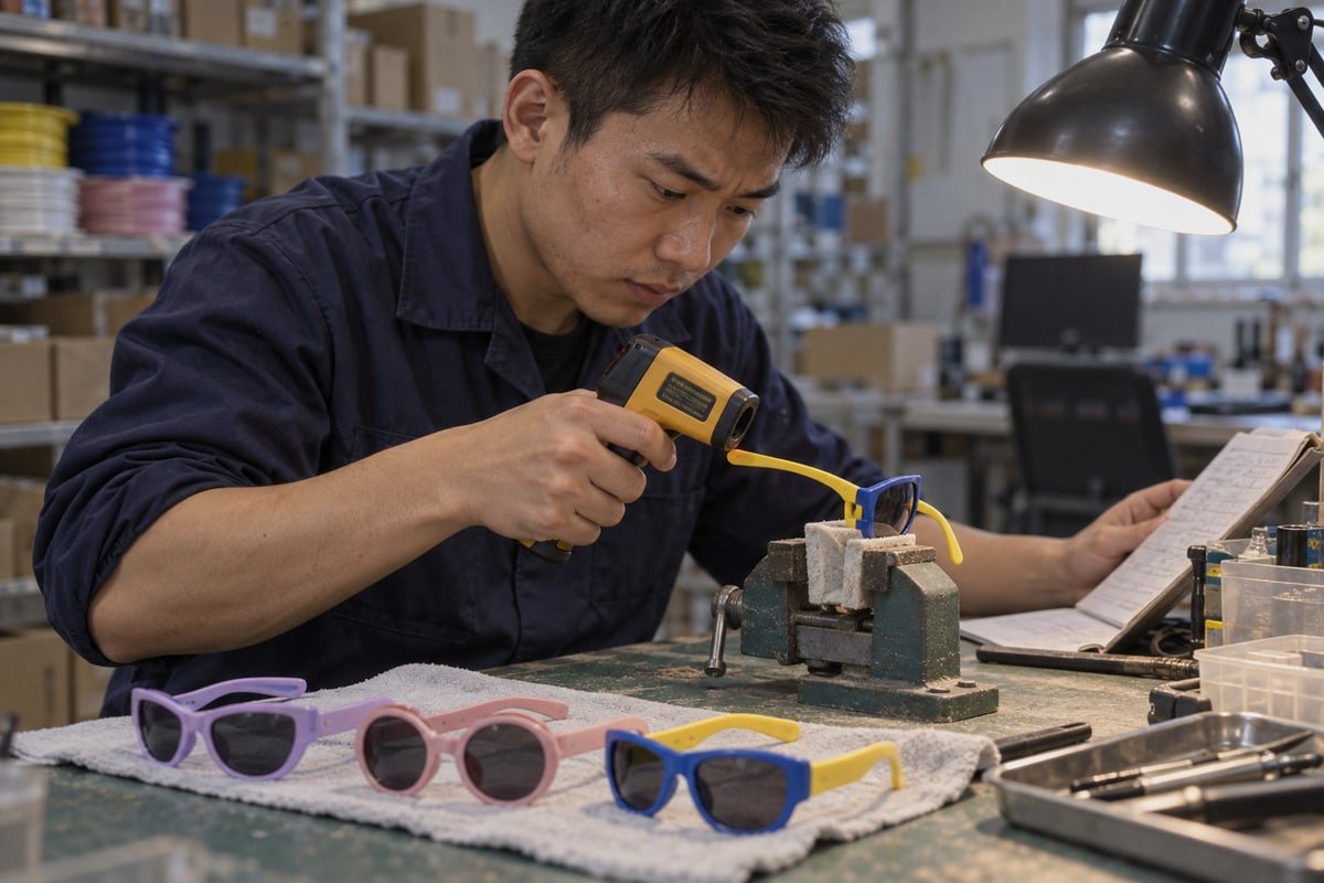 Temperature range chart showing safe limits for TPEE sunglasses before quality loss (ID#3)