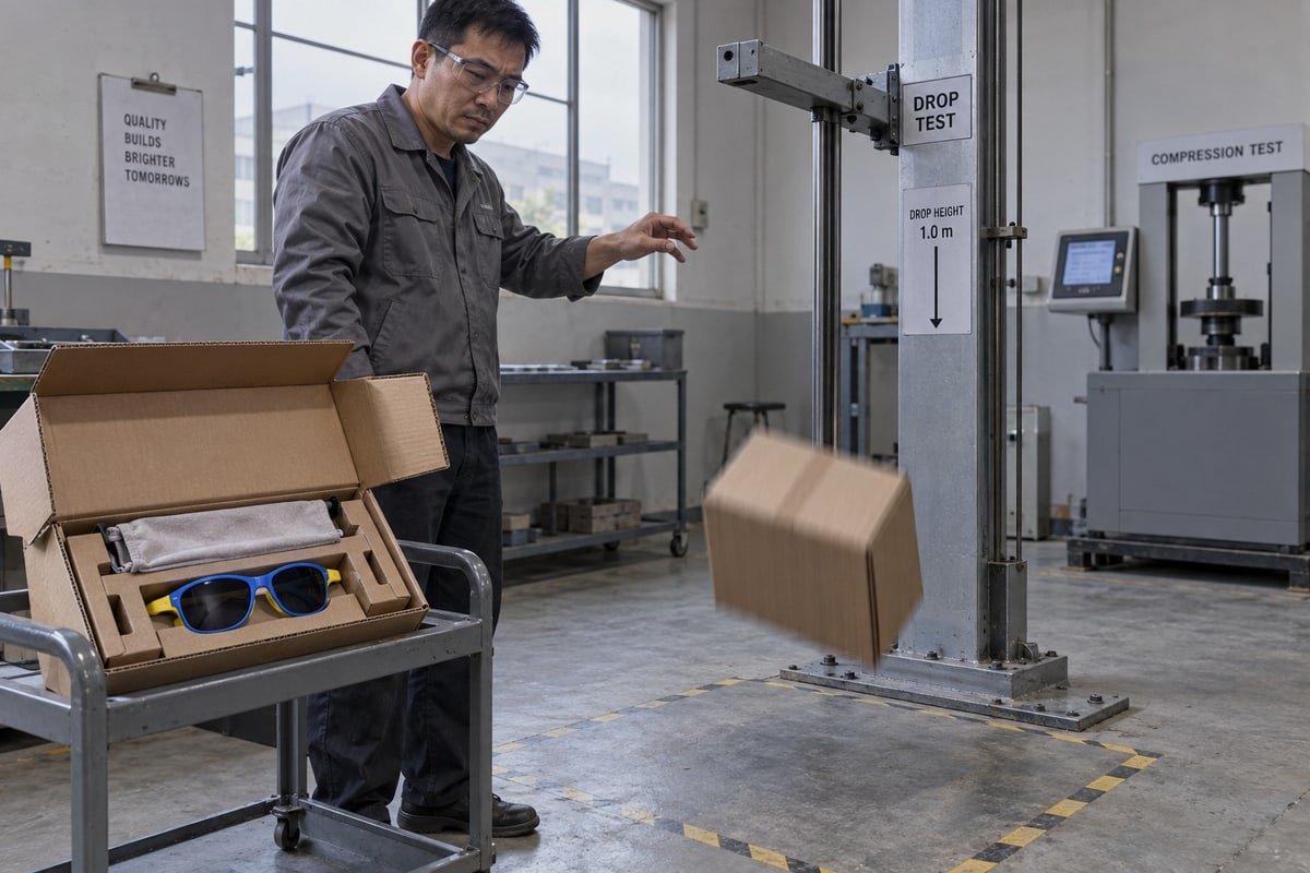 Transit Packaging Testing ISTA drop, compression, and vibration testing ensuring sunglasses survive shipping transit (ID#4)