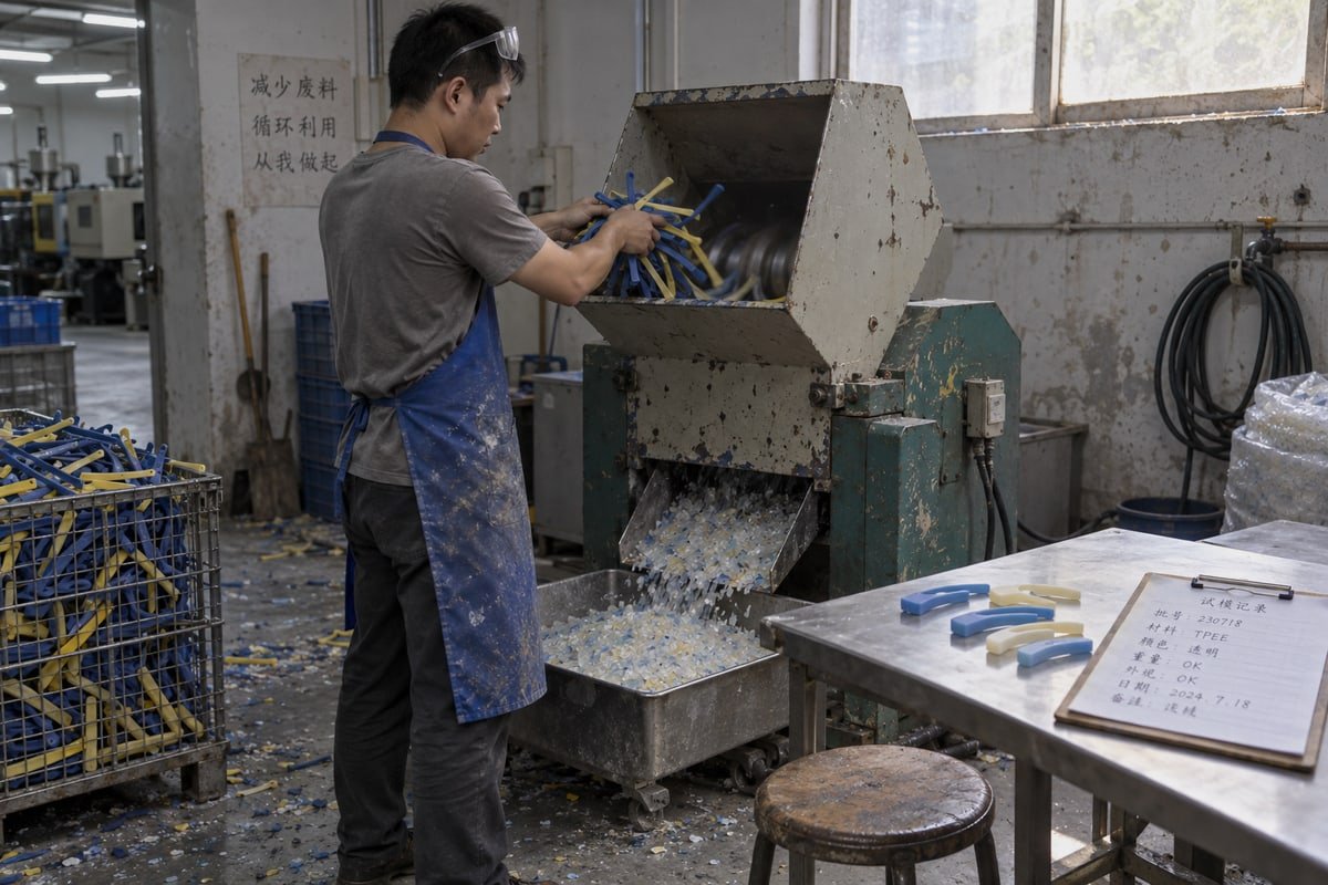 TPEE Recyclability Advantages TPEE thermoplastic elastomer regrinds and remolds repeatedly, offering superior recyclability over standard plastic (ID#2)