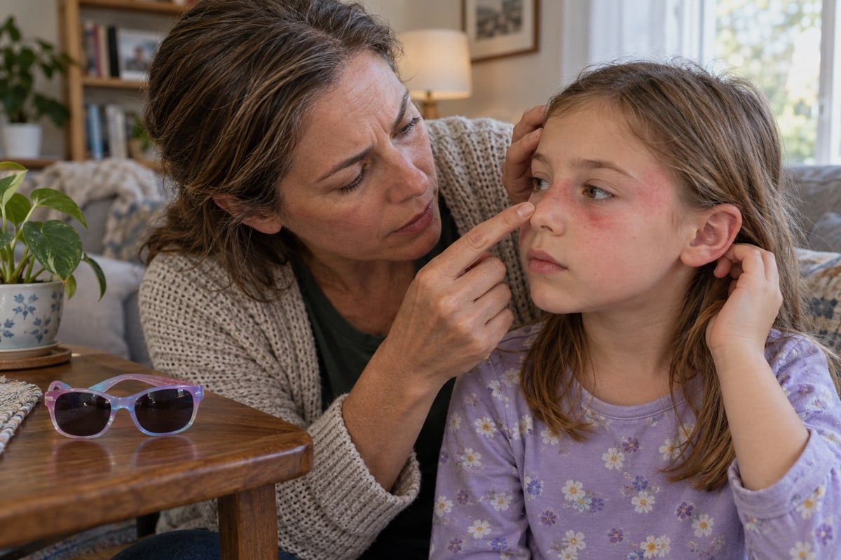 Allergy vs Fit Redness Comparing allergic reactions versus poor fit redness symptoms on kids sunglasses frames (ID#3)