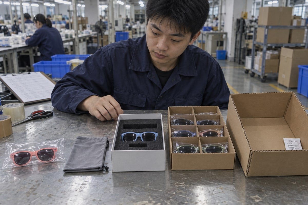 Safe Shipping Packaging Packaging stack with polybag, pouch, color box, dividers, and desiccant for safe sunglasses shipping (ID#2)