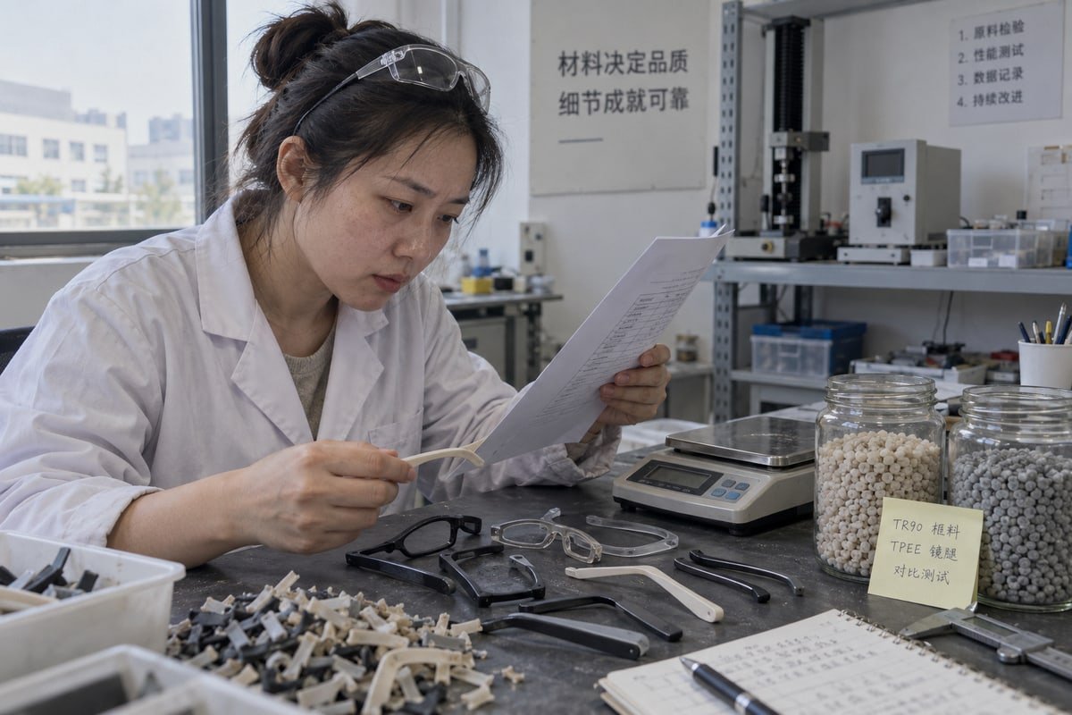 Verifying Sustainable Resin Grades Checking resin grade to confirm bio-based TR90 and TPEE sourcing for eyewear (ID#2)