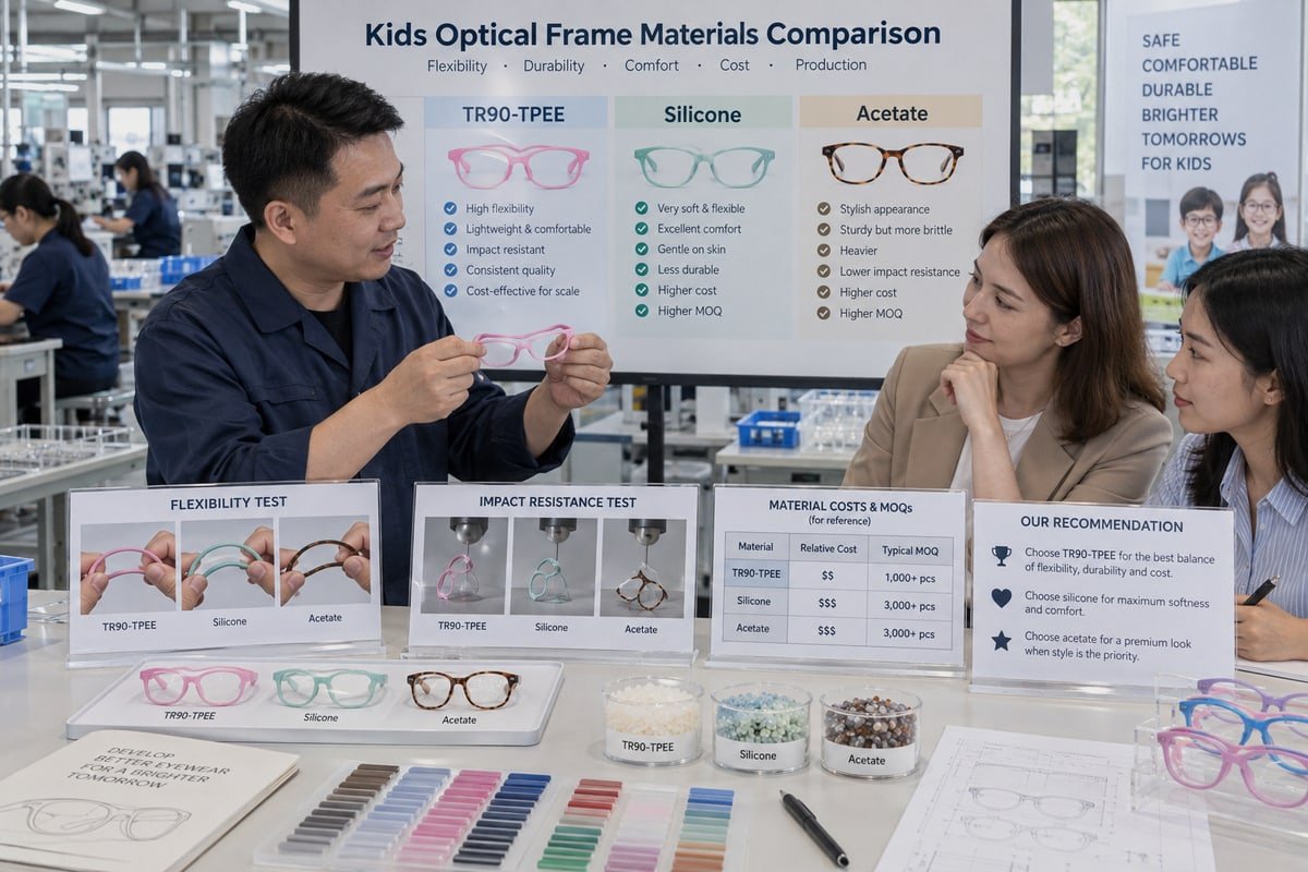 Costs and MOQ Comparison TR90-TPEE offers lower costs and MOQs than acetate and silicone for sourcing (ID#5)