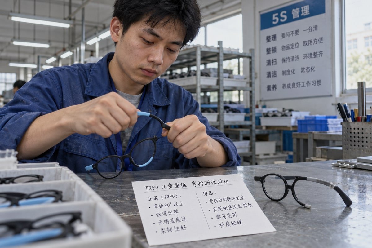 TR90 Quality Verification Genuine TR90 frame bending test showing quality flexibility and no stress-whitening (ID#2)