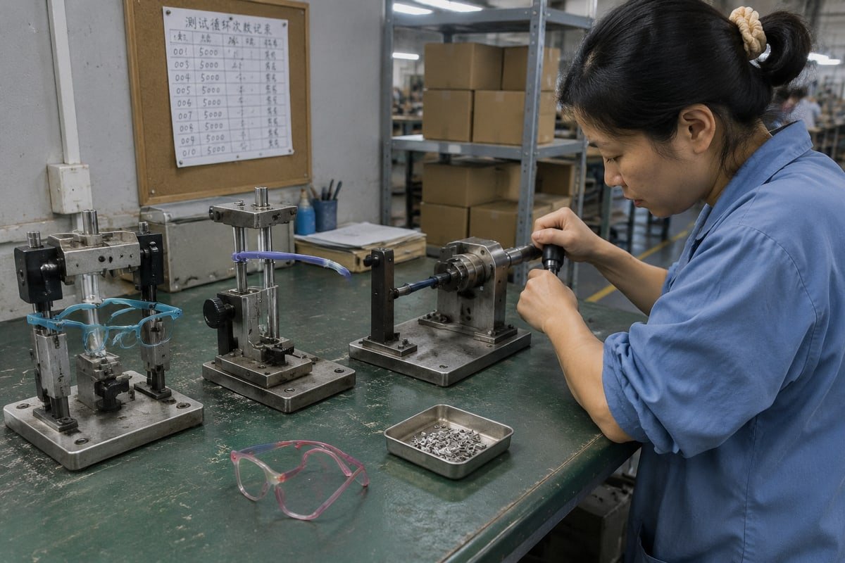 Manufacturers testing TR90 temple flexibility using cyclic fatigue, bending, torsion, and hinge pull methods (ID#2)