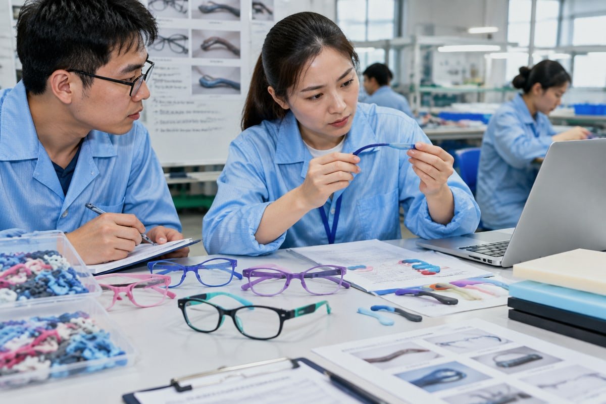 Evaluating supplier material quality with stress tests before bulk ordering kids eyewear (ID#4)