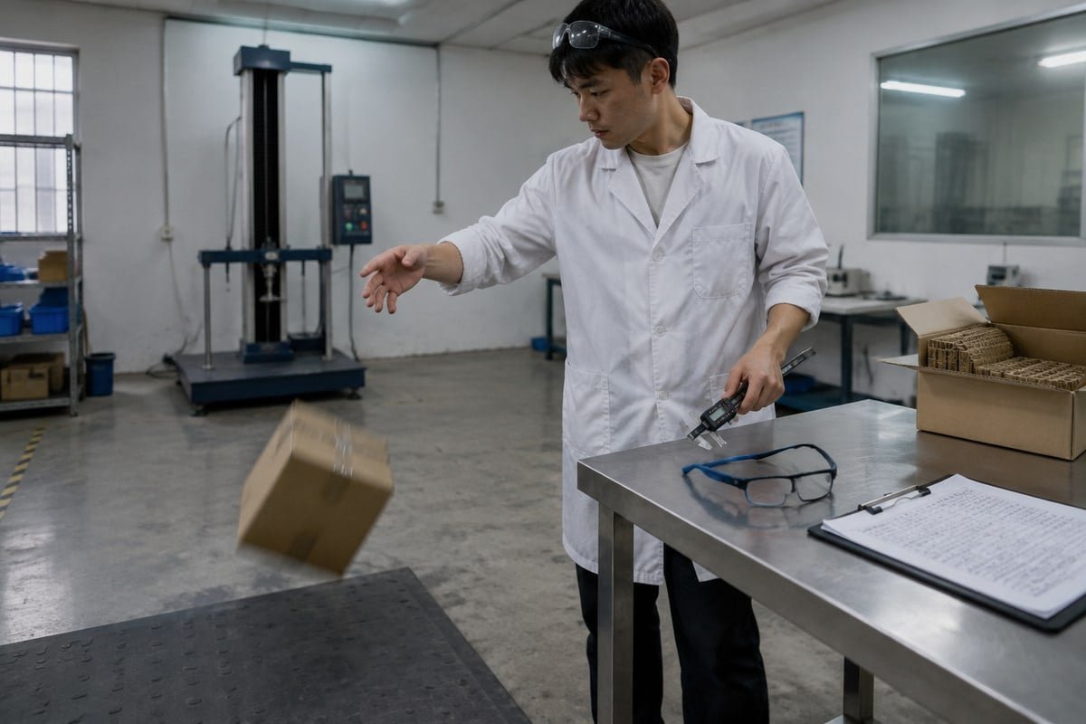 Testing methods to verify supplier eyewear frames survive long-distance shipping without deforming (ID#3)