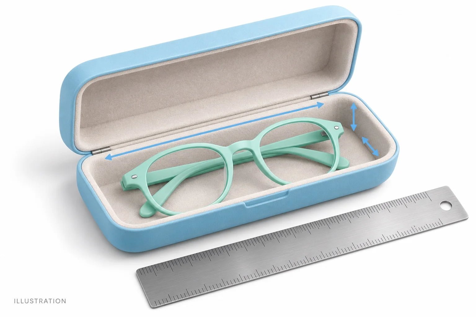 Illustration of folded glasses inside an open case with internal clearance arrows