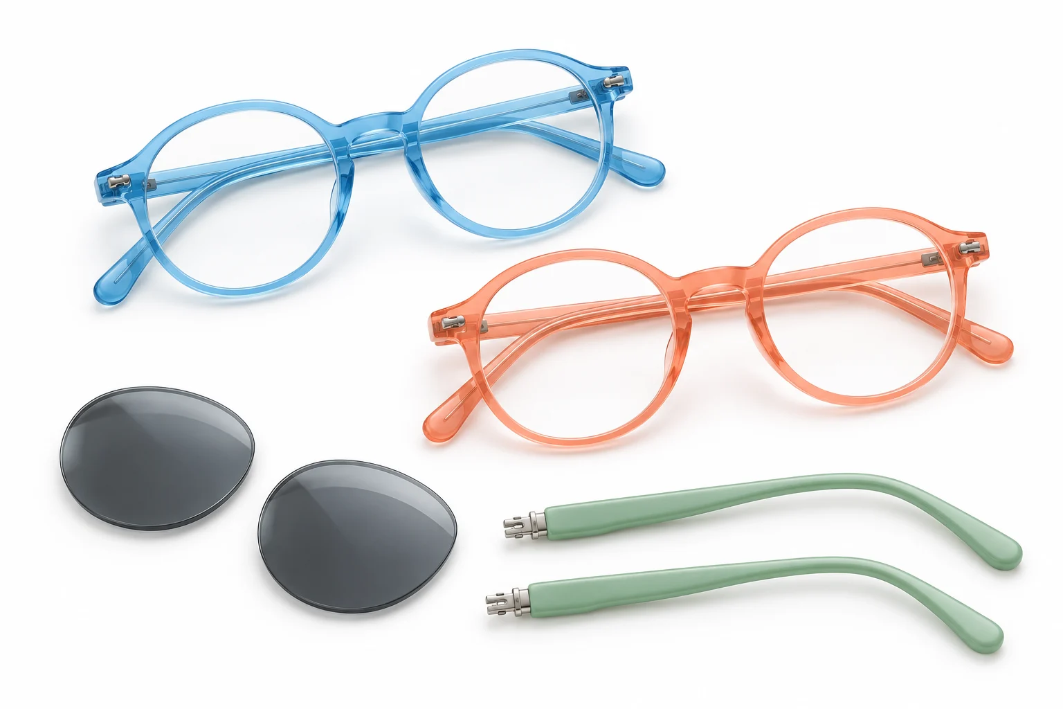 Children’s eyewear, temple arms and loose sun lenses on a white background