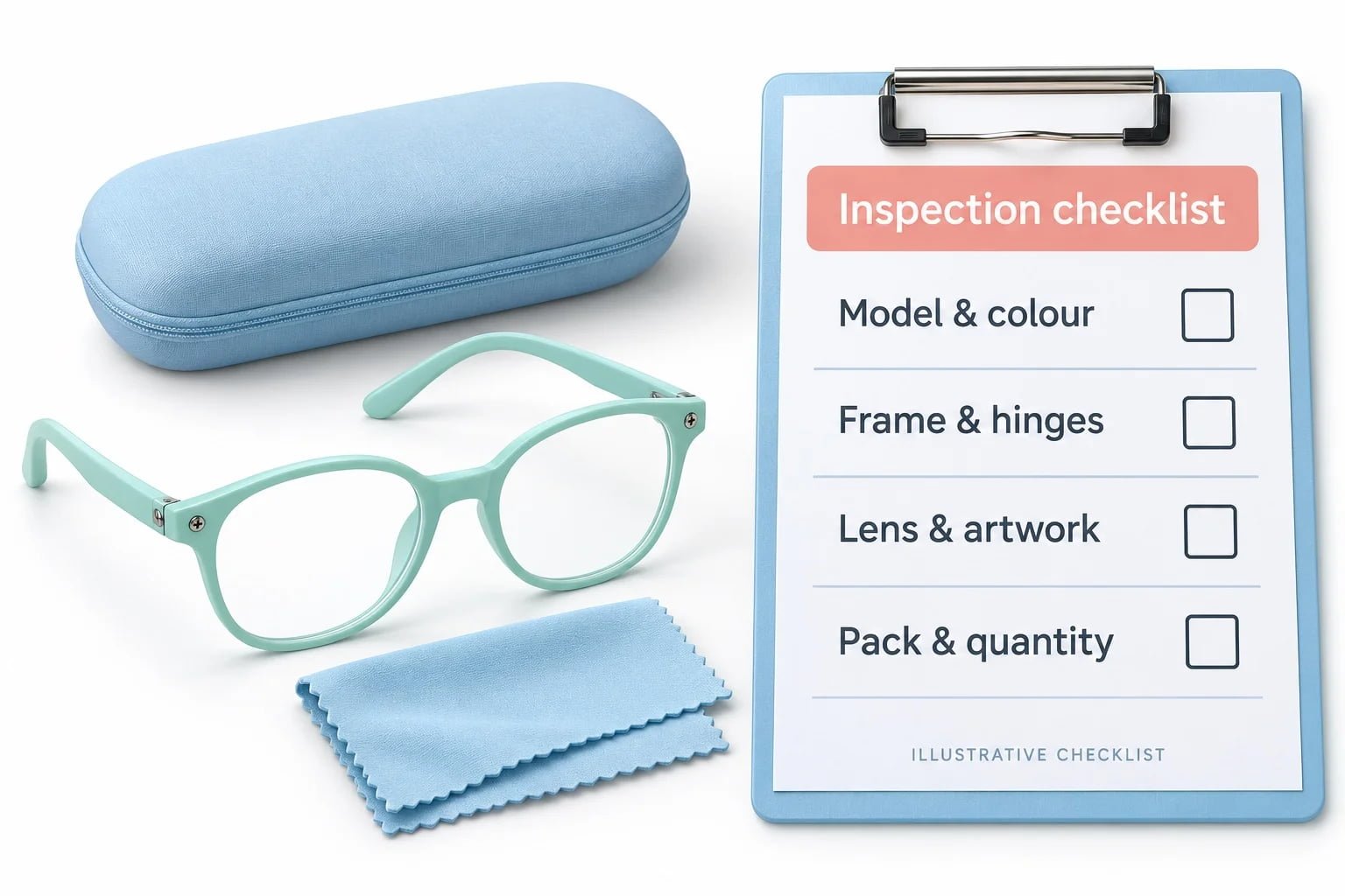 Illustrative eyewear reference set beside an unchecked inspection checklist