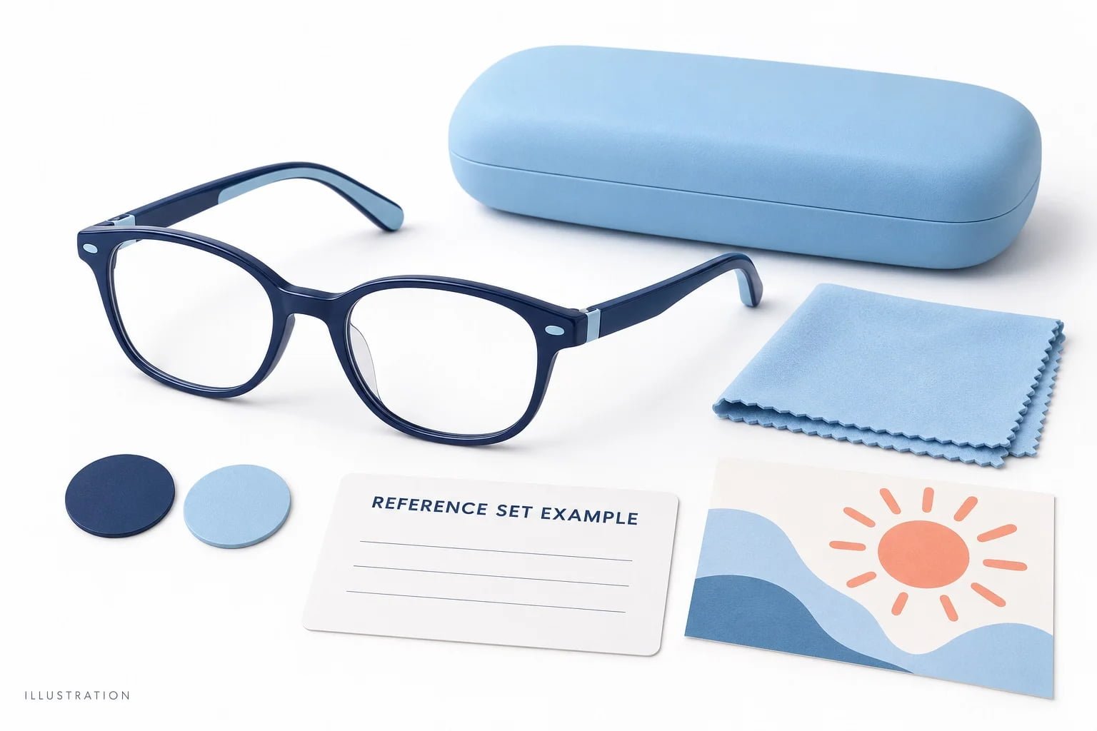 Illustrative optical frame, case, colour swatches and artwork reference set