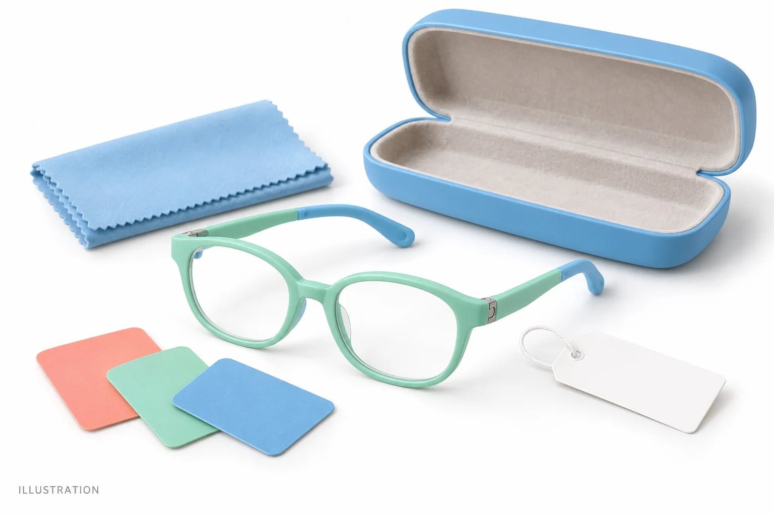 Illustrative kids eyewear sample kit with frame, case, cloth and colour swatches
