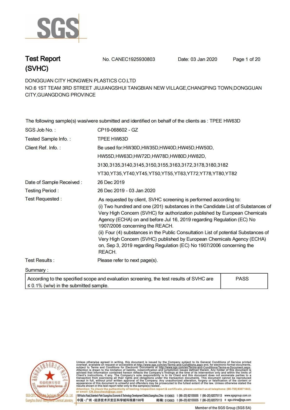 SGS TPEE HW63D REACH SVHC report CANEC1925930803 dated 3 January 2020, page 1 of 20
