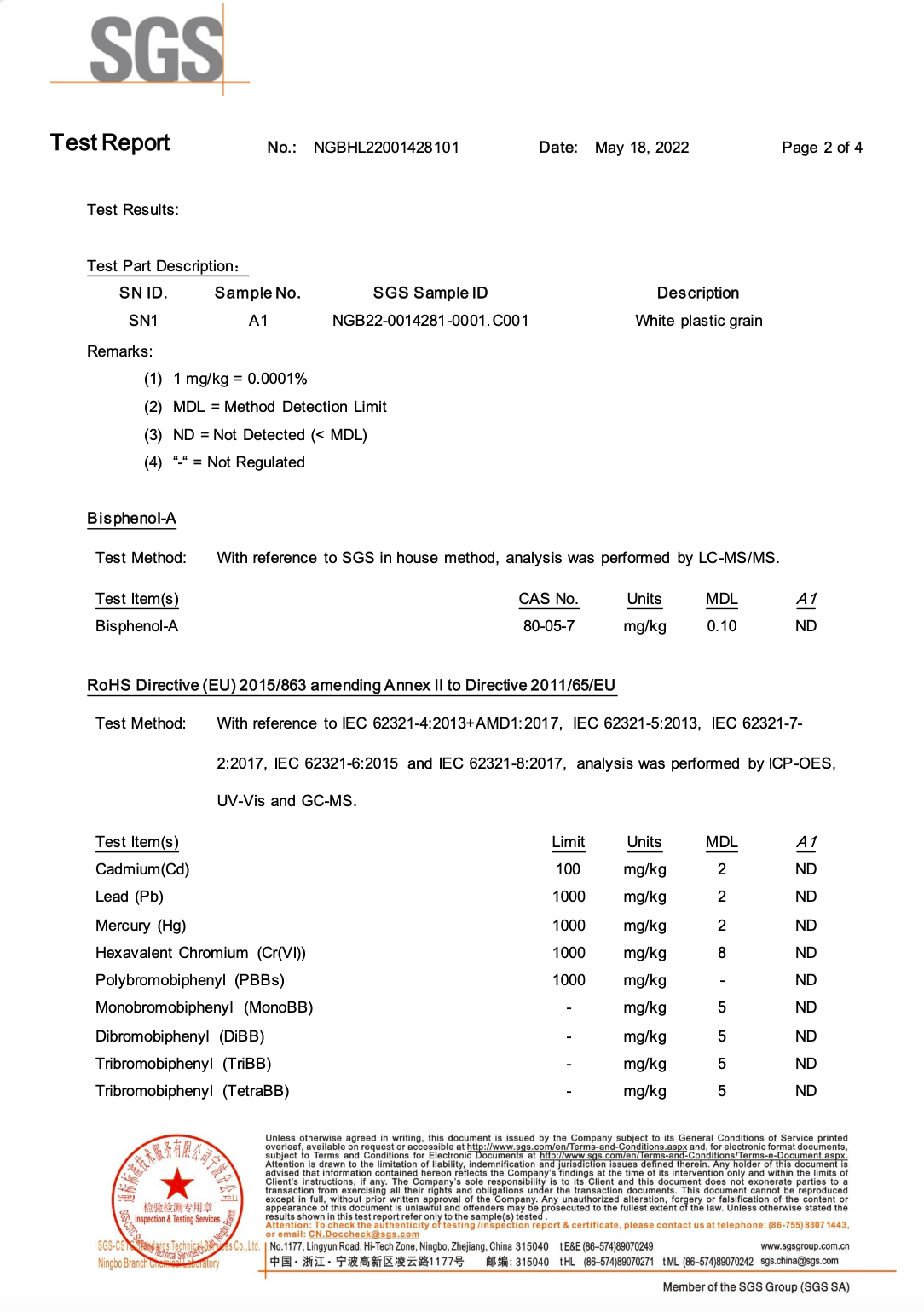 SGS BPA and RoHS selected test results from report NGBHL22001428101 dated 18 May 2022, page 2 of 4